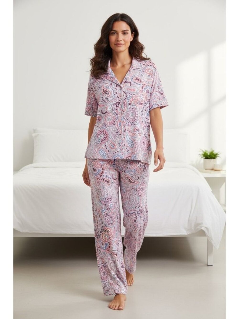 NWT Vera Bradley Paisley 2-Piece Pajama Set Button-Up Shirt Pants Large Pockets - Picture 1 of 14